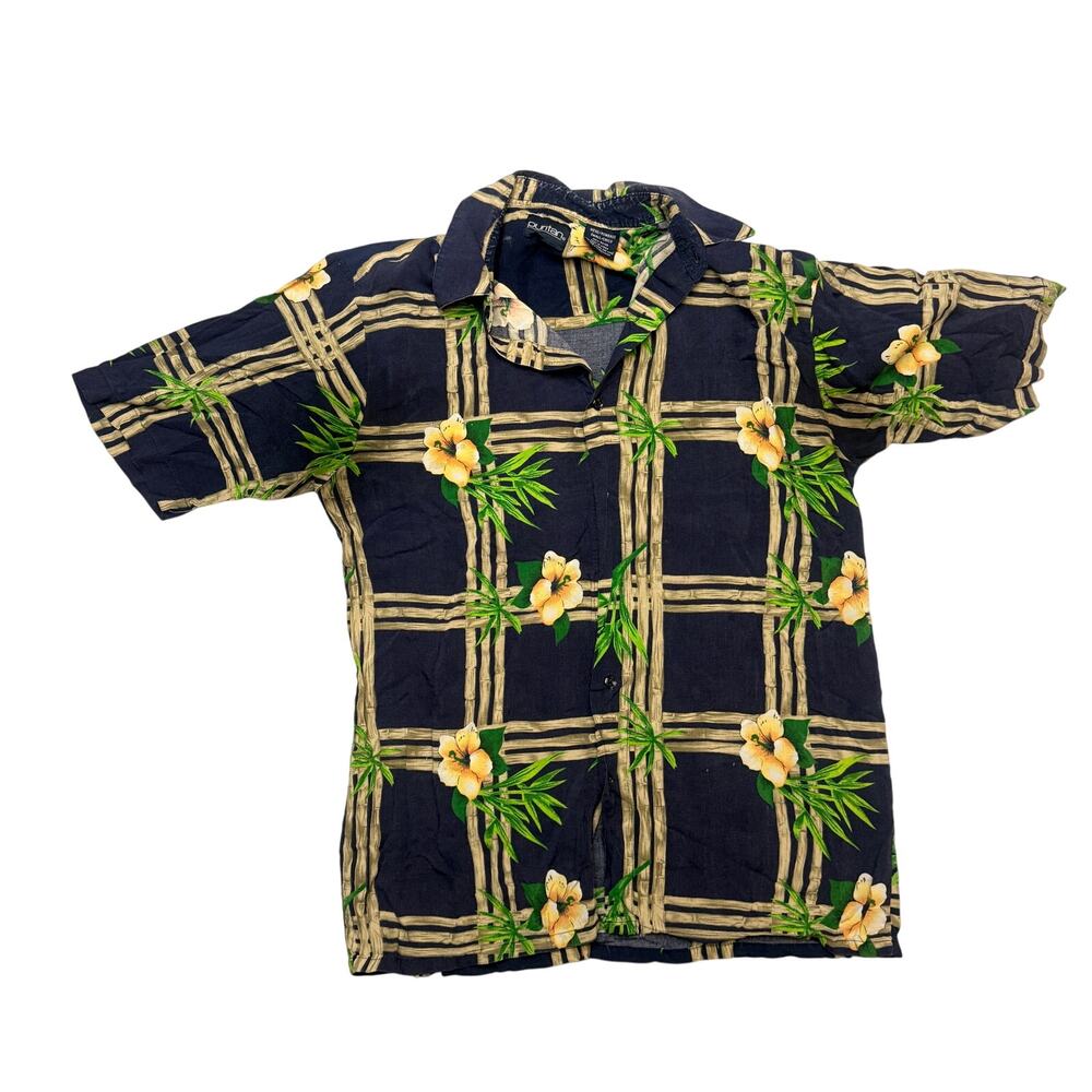 Vintage 90s Puritan Rayon Bamboo Floral Hawaiian Shirt Men's Small Aloha